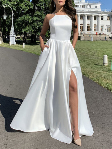 Woochic robe longue en stain à fines brides fendu le côté dos nu sans manches élégant de soirée
